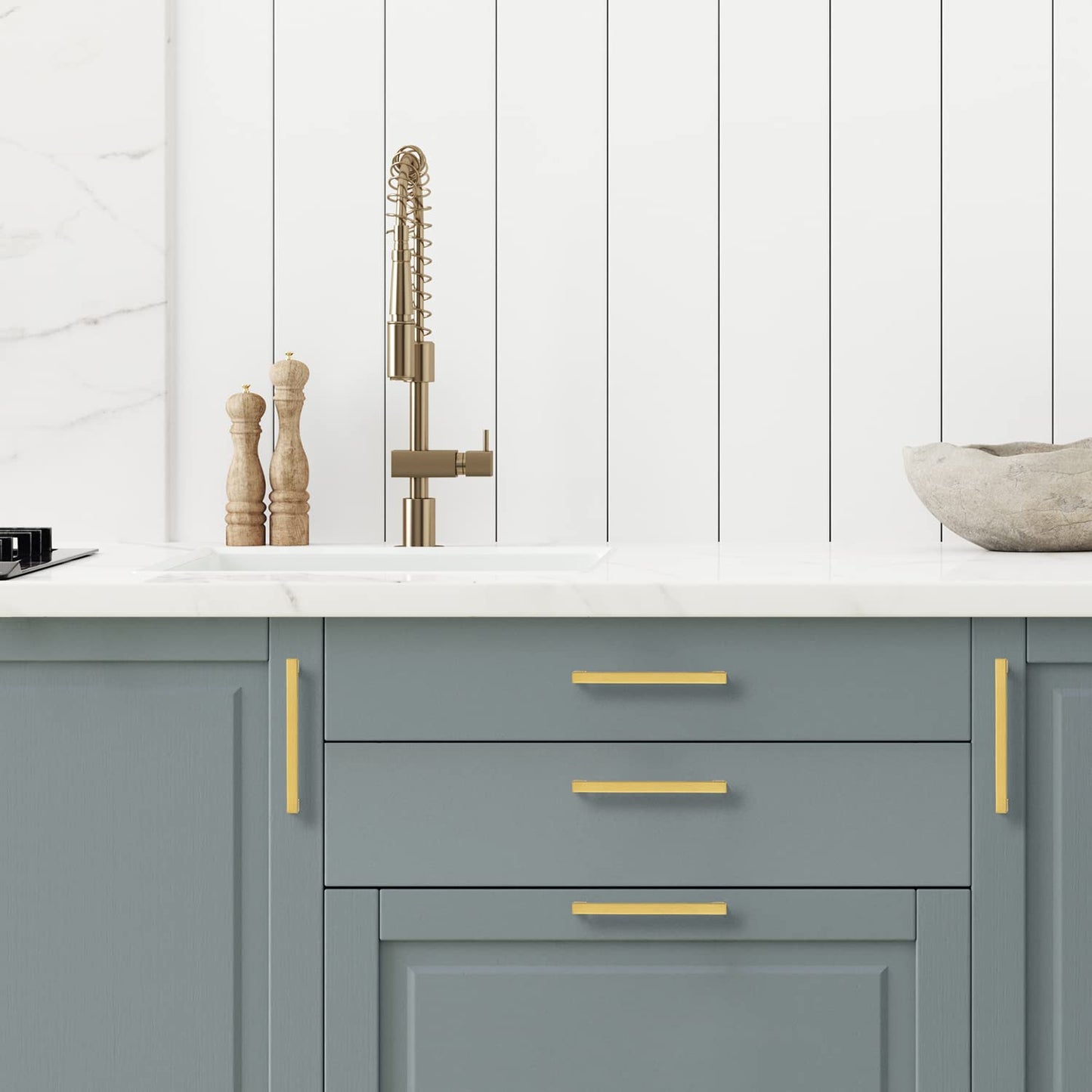 Ravinte 10 Pack Gold Cabinet Pulls 12-3/5 Inch Brushed Brass Kitchen Cabinet Handles Gold Square Kitchen Hardware for Cabinet Gold Kitchen Drawer Pulls Come with Screwdriver