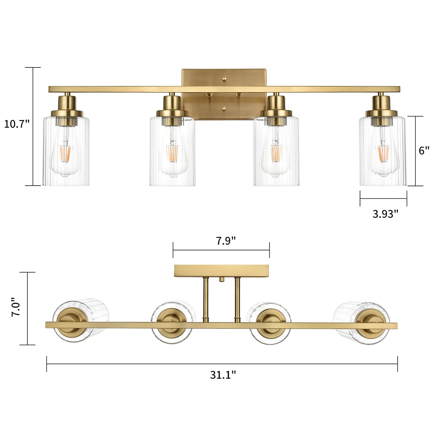 Jonsi Gold Bathroom Vanity Lights, 4 Light Brushed Gold Bathroom Light Fixtures with Fluted Glass Shade, Modern Gold Bathroom lights Over Mirror,Vanity Lighting Fixtures,31.1" W x 10.7" H