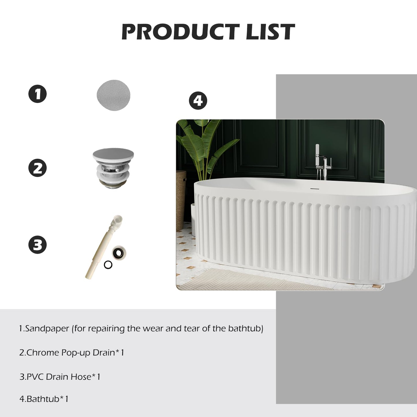 Freestanding Solid Surface Resin Stone Bathtub, Contemporary Design Stand Alone Tub with Pop-up Drain and Overflow, cUPC Certified (PO1041)