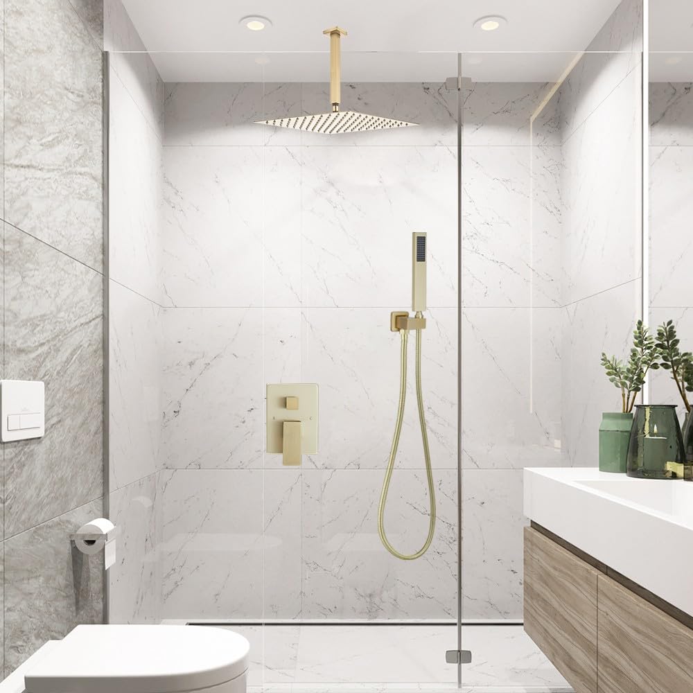 Shower System Brushed Nickel Bathroom 10 Inch Rain Shower Head Ceiling Mount with Handheld Luxury High Pressure Shower Combo Set Shower Faucet Rough-in Valve Body and Trim Included