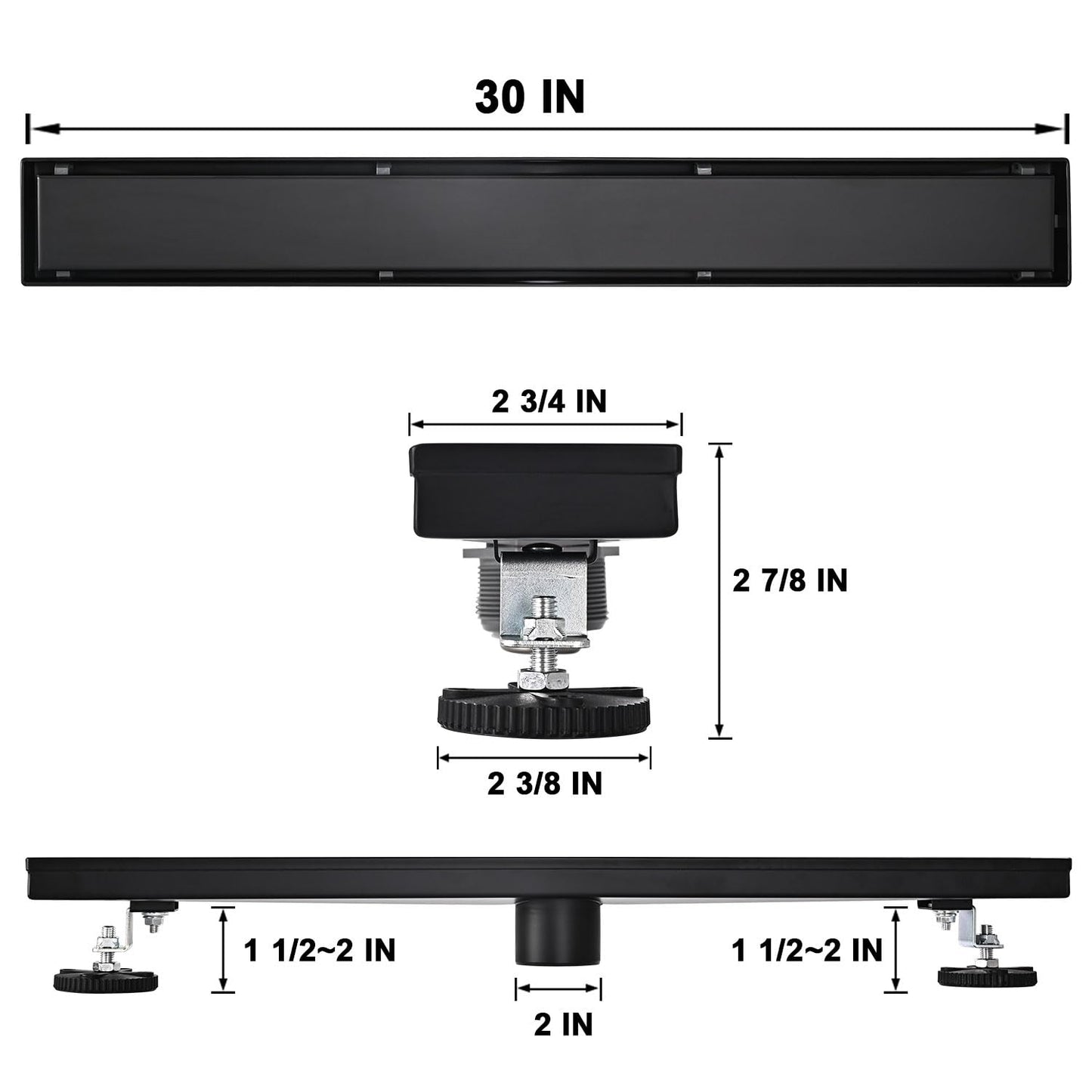 Linear Shower Floor Drain, Black 24 Inch 304 Stainless Steel Bathroom Drains Kit, Rectangular Shower Trench Drain with Reversable Tile-in Pattern Drain Cover & Hair Catcher