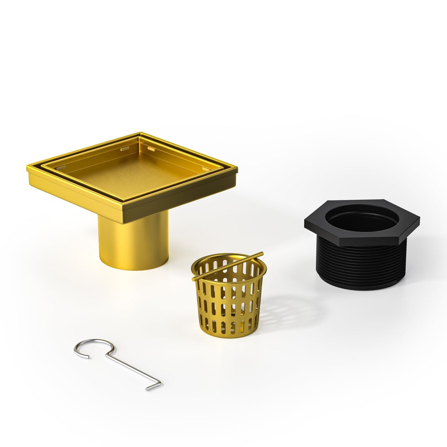 Square Shower Drain 6", Brushed Gold Floor Drain with Tiled Insert Grate & Hair Strainer, 304 Stainless Steel Bathroom 2-in-1 Tiled in Drain, CUPC Certified (Brushed Gold, 6'')