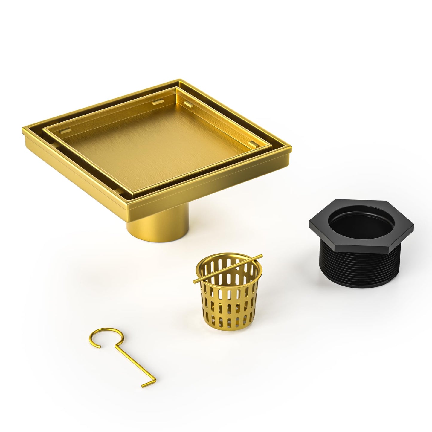 Square Shower Drain 6", Brushed Gold Floor Drain with Tiled Insert Grate & Hair Strainer, 304 Stainless Steel Bathroom 2-in-1 Tiled in Drain, CUPC Certified (Brushed Gold, 6'')