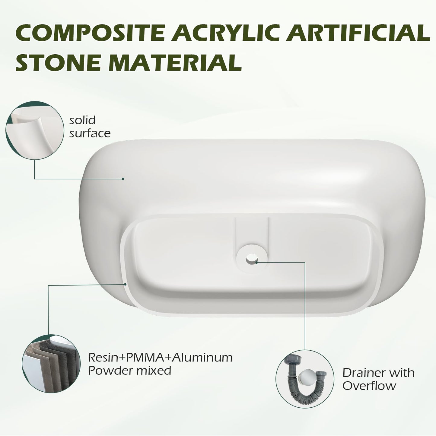 Freestanding Solid Surface Resin Stone Bathtub, Contemporary Design Stand Alone Tub with Pop-up Drain and Overflow, cUPC Certified (PO1041)