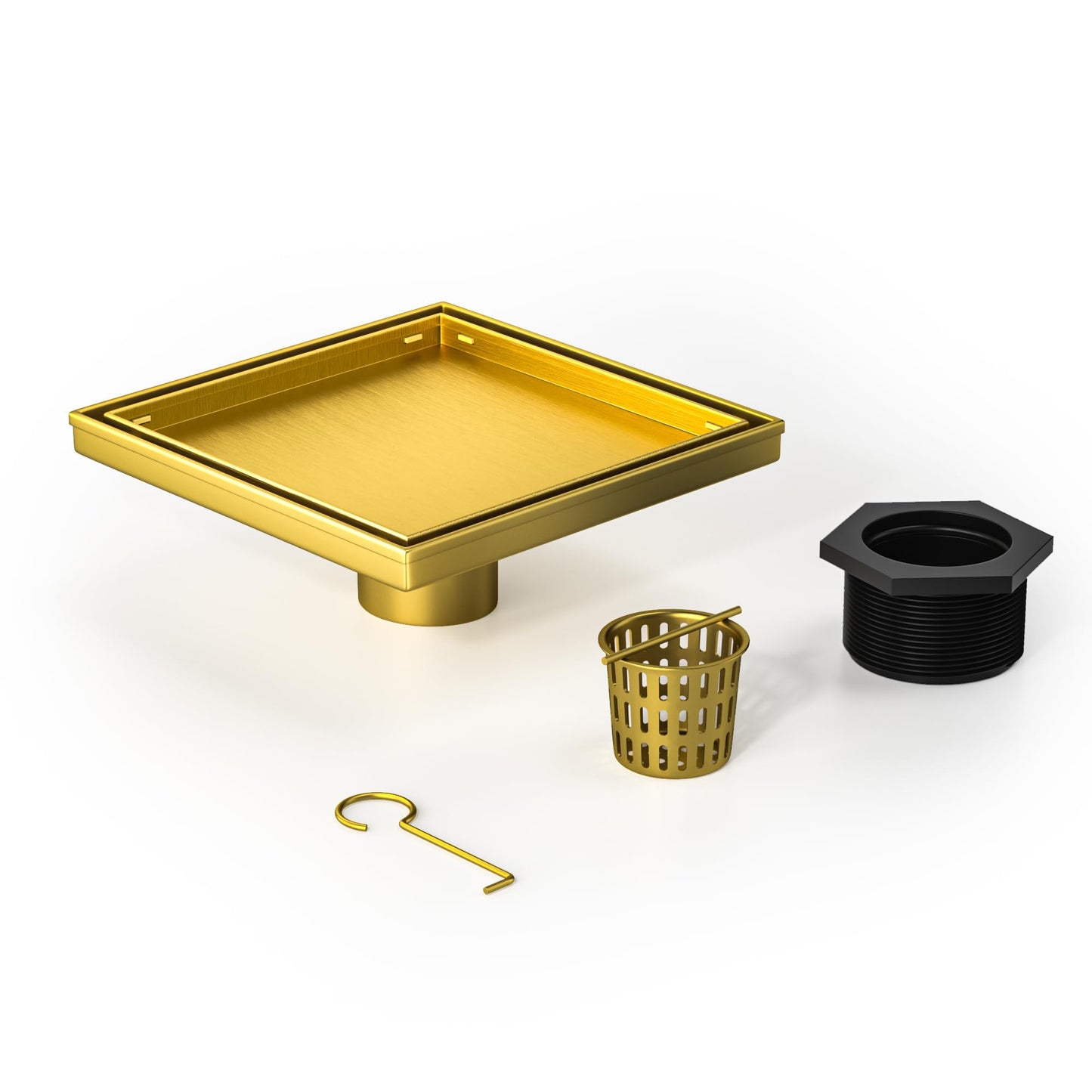 Square Shower Drain 6", Brushed Gold Floor Drain with Tiled Insert Grate & Hair Strainer, 304 Stainless Steel Bathroom 2-in-1 Tiled in Drain, CUPC Certified (Brushed Gold, 6'')