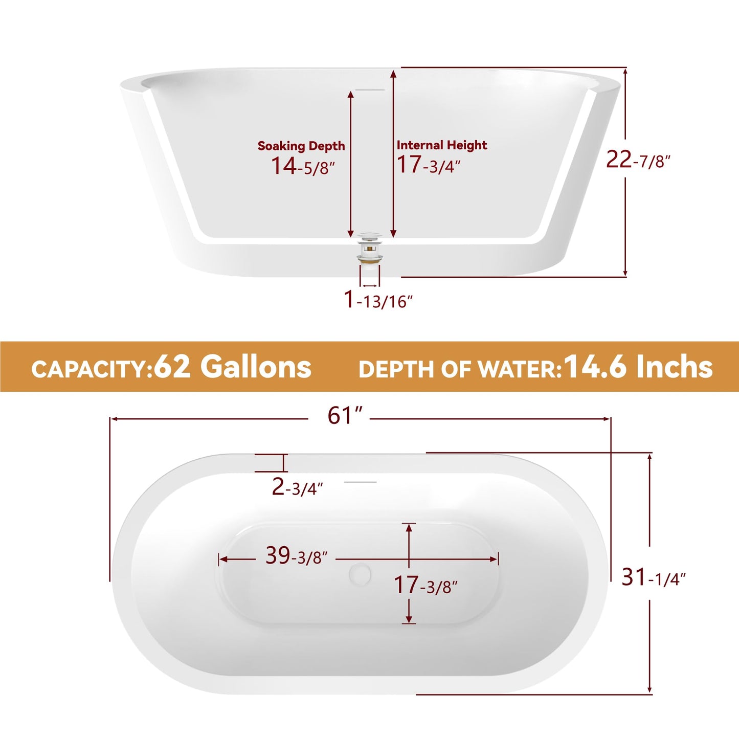 59 in. High-back Free Standing Tub, Contemporary Soaking Tub, Bathroom Stand Alone Freestanding Bathtub Overflow and Drain (Glossy White)