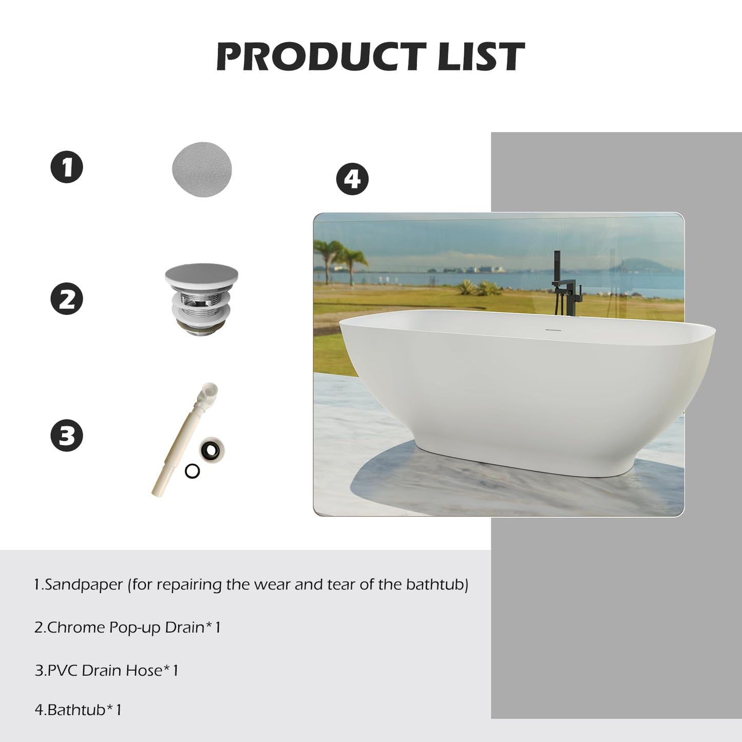Freestanding Solid Surface Resin Stone Bathtub, Contemporary Design Stand Alone Tub with Pop-up Drain and Overflow, cUPC Certified (PO1041)
