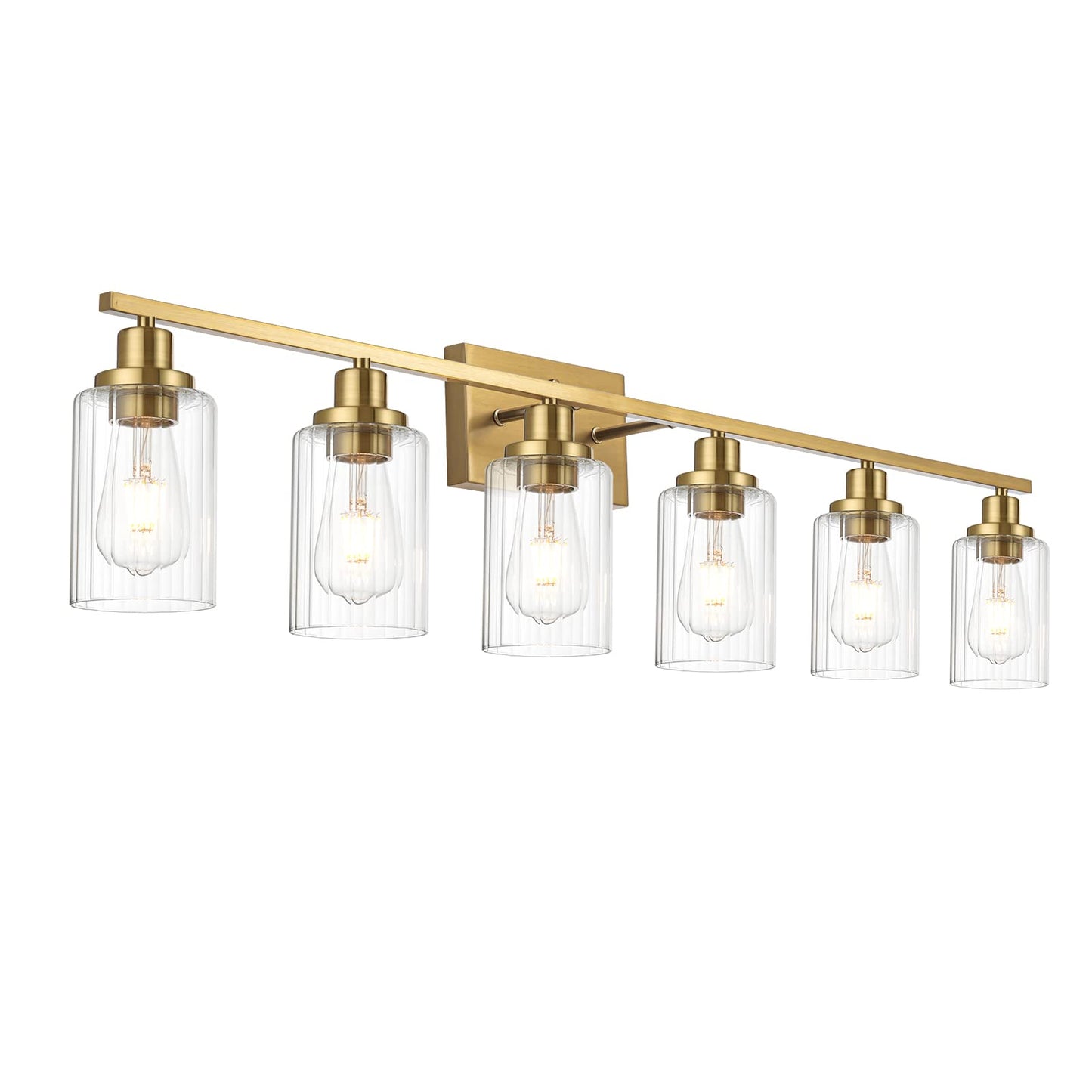Jonsi Gold Bathroom Vanity Lights, 4 Light Brushed Gold Bathroom Light Fixtures with Fluted Glass Shade, Modern Gold Bathroom lights Over Mirror,Vanity Lighting Fixtures,31.1" W x 10.7" H
