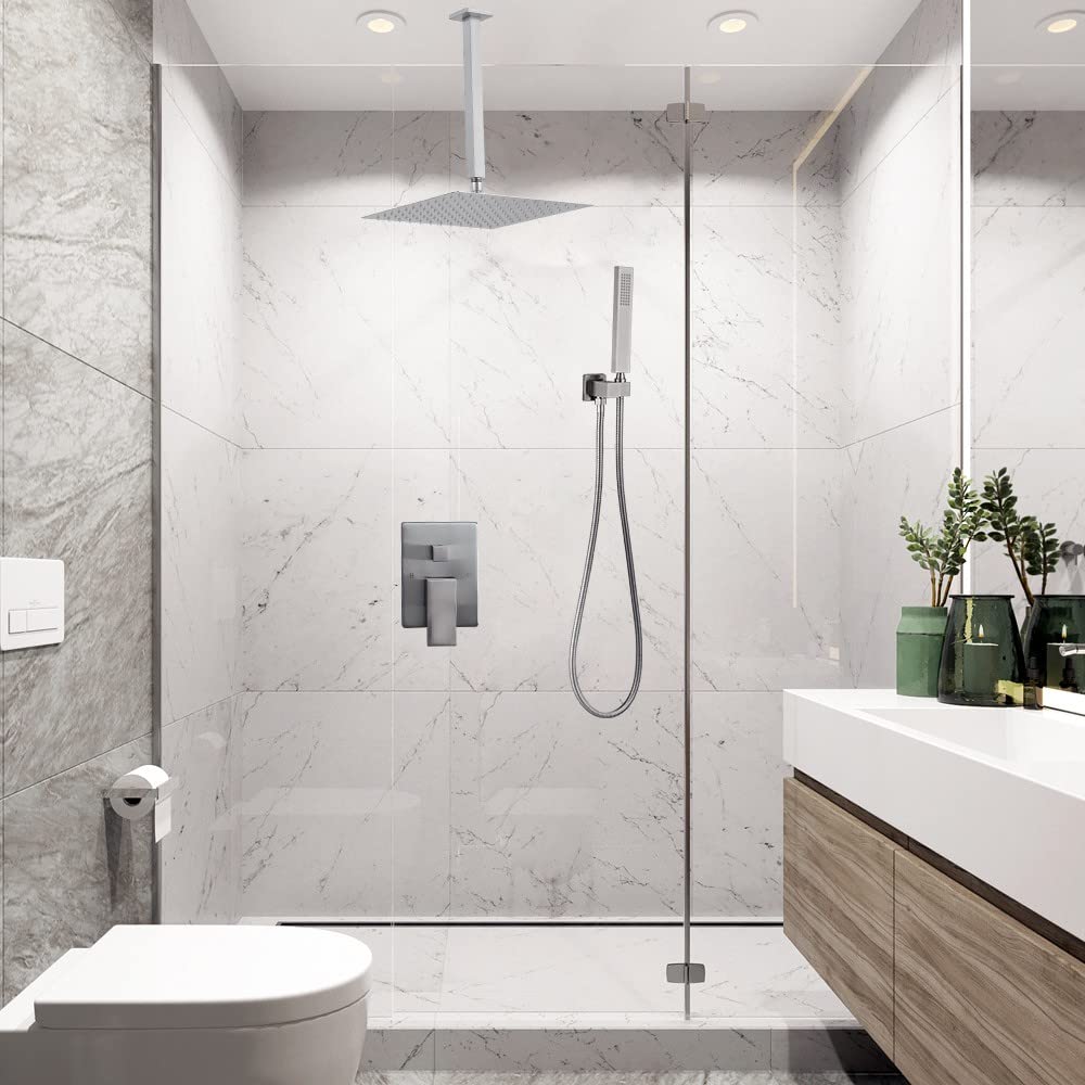 Shower System Brushed Nickel Bathroom 10 Inch Rain Shower Head Ceiling Mount with Handheld Luxury High Pressure Shower Combo Set Shower Faucet Rough-in Valve Body and Trim Included