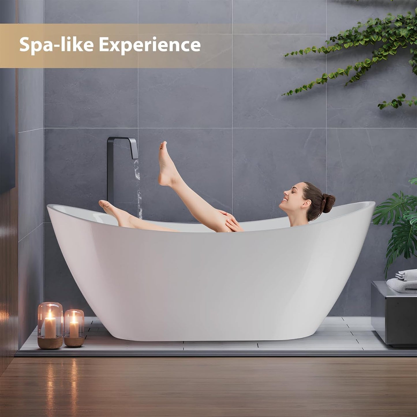 LOVMOR 67" Acrylic Freestanding Soaking Bathtub Soaking Bath Tub with Brushed Nickel Overflow and Pop Up Drain for Bathroom, Double Slipper Tub, Whit