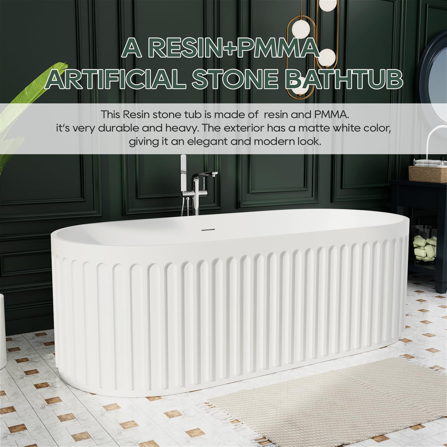 Freestanding Solid Surface Resin Stone Bathtub, Contemporary Design Stand Alone Tub with Pop-up Drain and Overflow, cUPC Certified (PO1041)