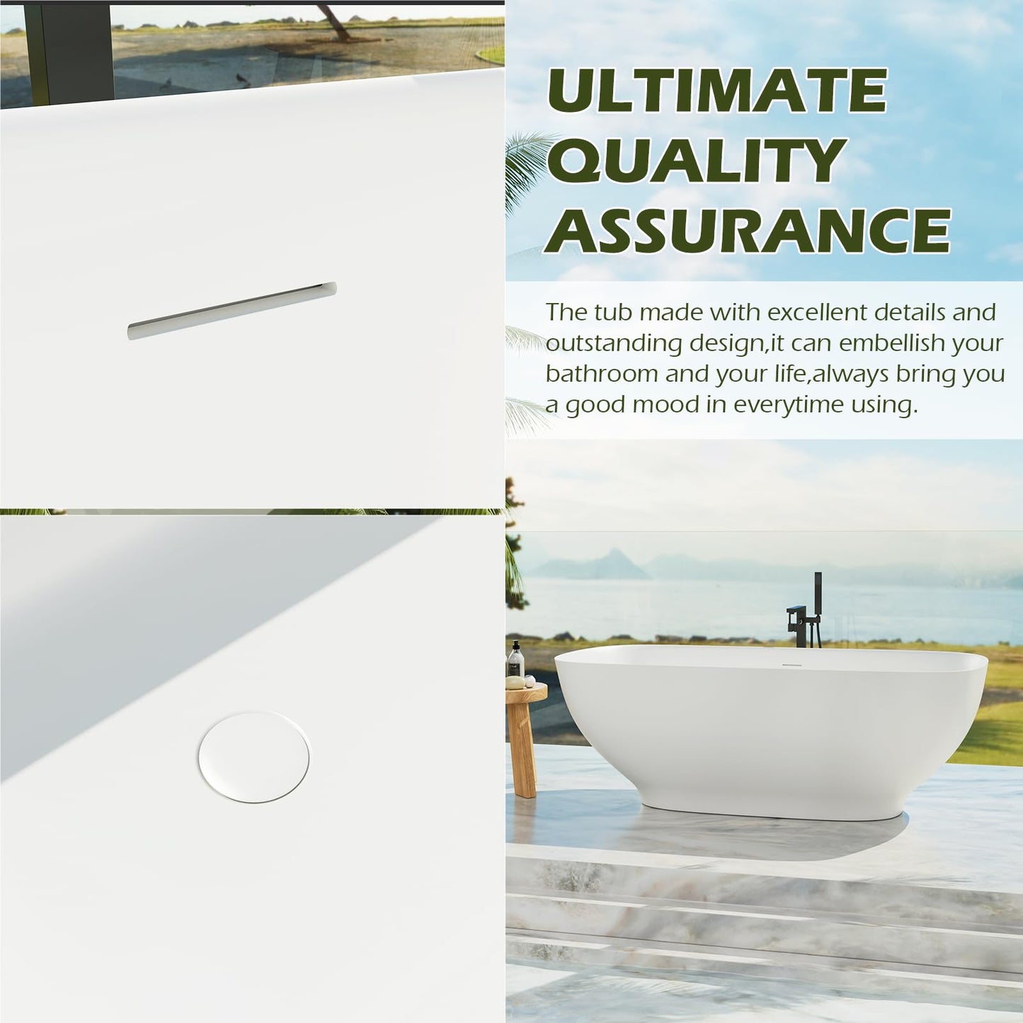 Freestanding Solid Surface Resin Stone Bathtub, Contemporary Design Stand Alone Tub with Pop-up Drain and Overflow, cUPC Certified (PO1041)