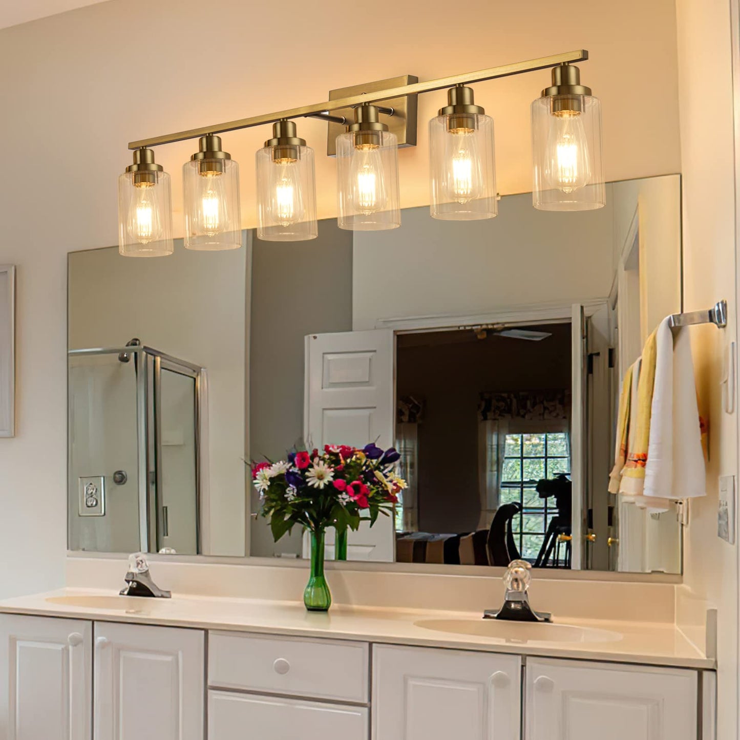Jonsi Gold Bathroom Vanity Lights, 4 Light Brushed Gold Bathroom Light Fixtures with Fluted Glass Shade, Modern Gold Bathroom lights Over Mirror,Vanity Lighting Fixtures,31.1" W x 10.7" H