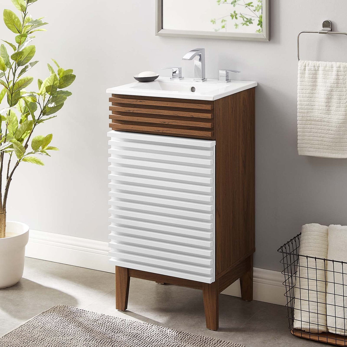 Modway Render 48" Double Sink Bathroom Vanity Cabinet in Walnut White