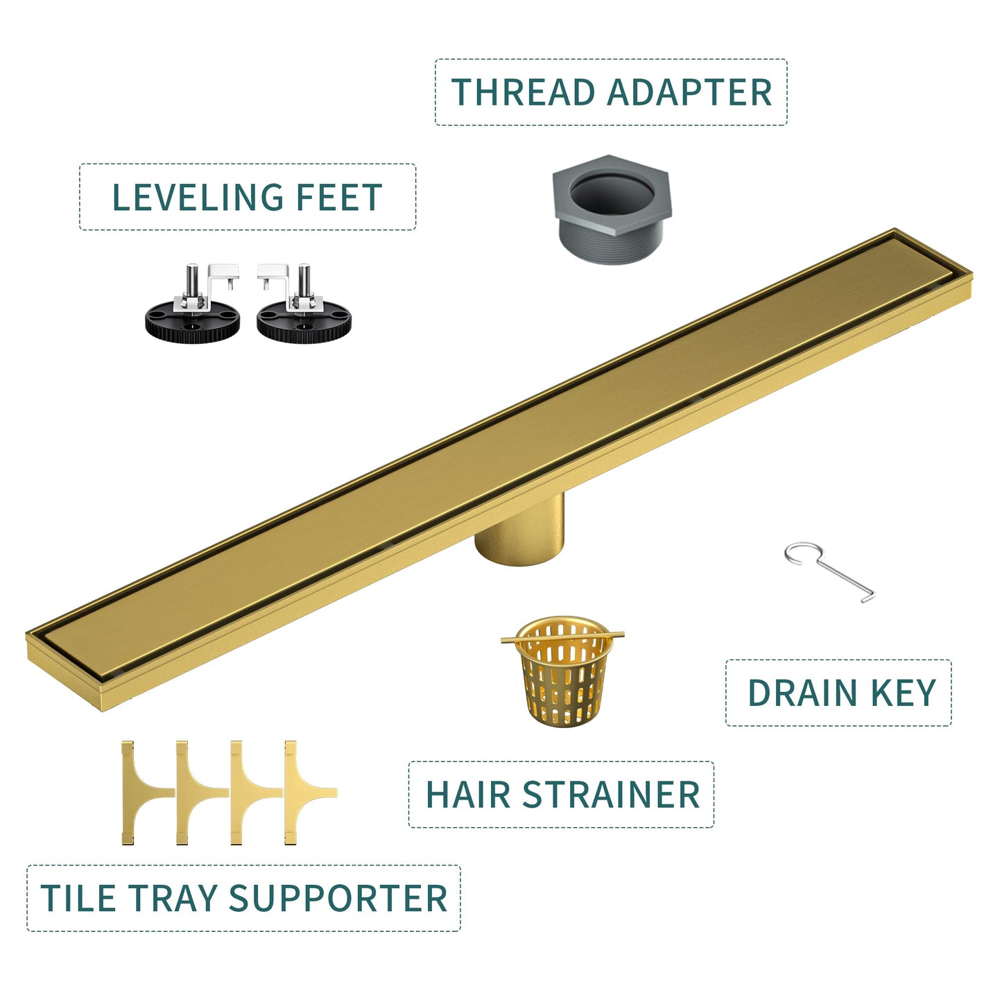 Square Shower Drain 6", Brushed Gold Floor Drain with Tiled Insert Grate & Hair Strainer, 304 Stainless Steel Bathroom 2-in-1 Tiled in Drain, CUPC Certified (Brushed Gold, 6'')