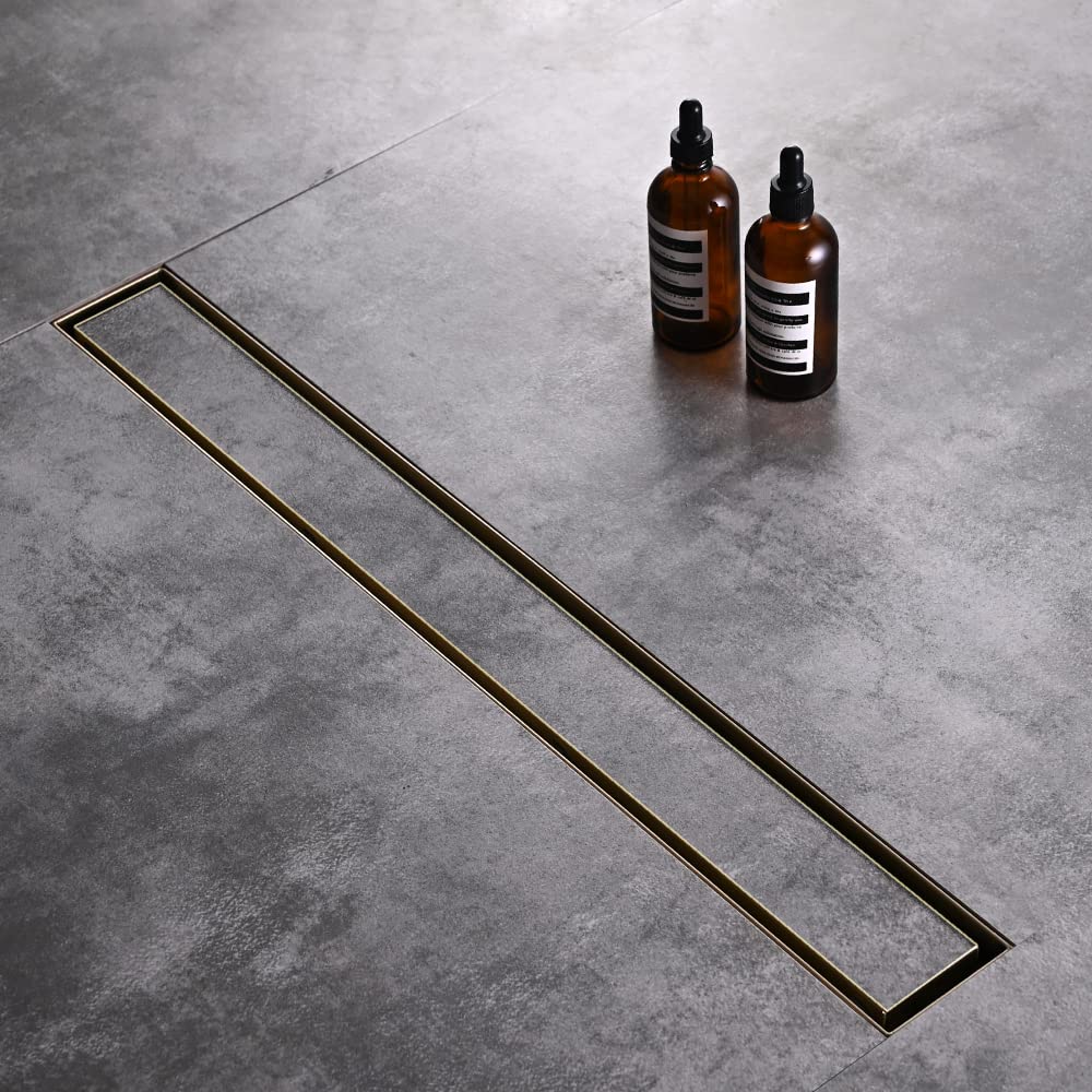 Linear Shower Floor Drain, Black 24 Inch 304 Stainless Steel Bathroom Drains Kit, Rectangular Shower Trench Drain with Reversable Tile-in Pattern Drain Cover & Hair Catcher