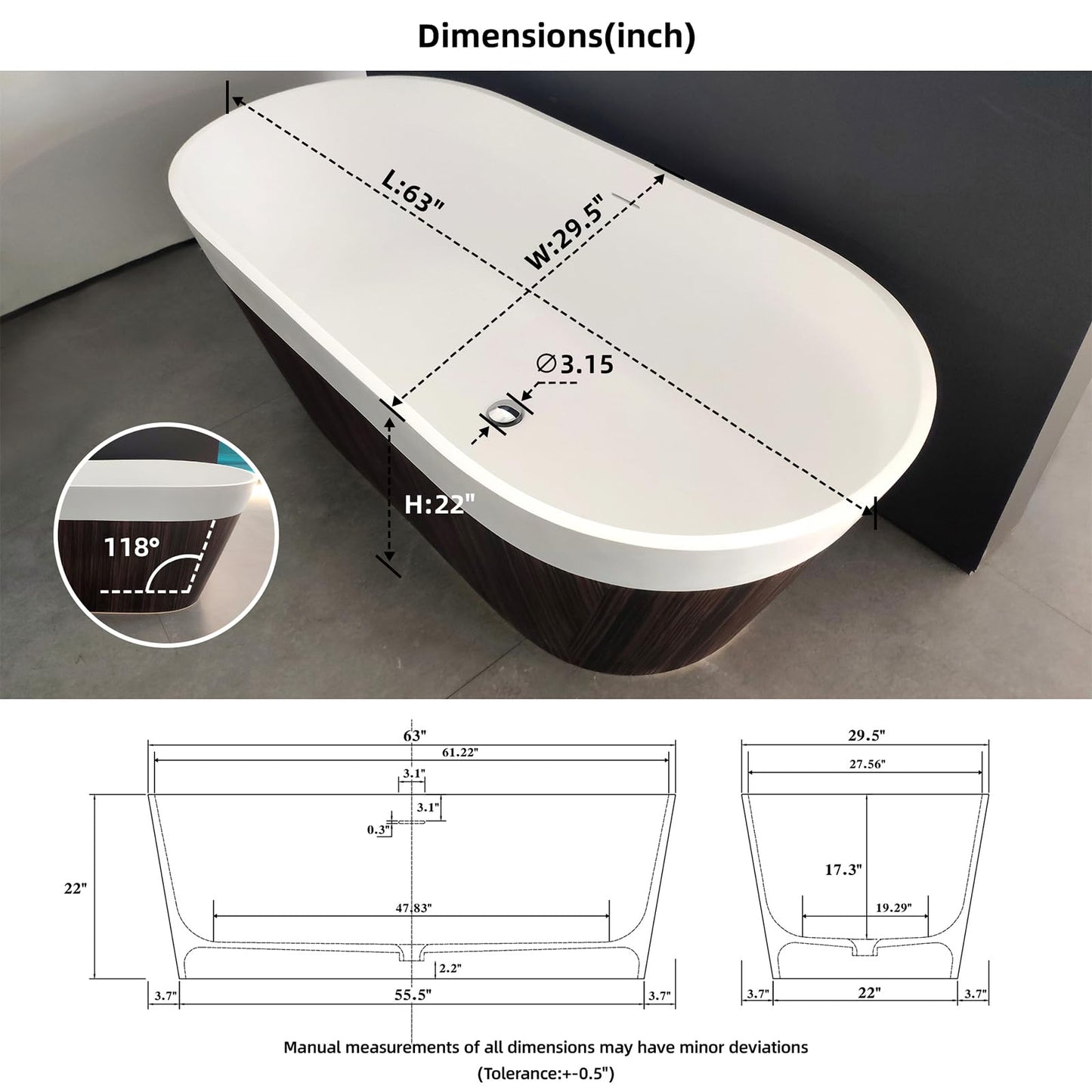 51'' Japanese Soaking Tub Freestanding Bathtub Resin Stone Bathtubs Deep soaking Tub with Overflow and Pop-up Drain - White