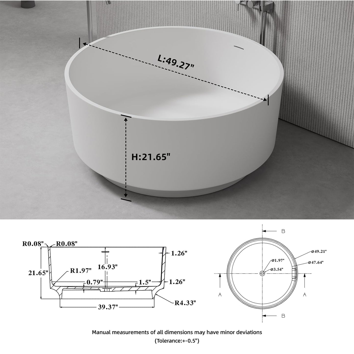 51'' Japanese Soaking Tub Freestanding Bathtub Resin Stone Bathtubs Deep soaking Tub with Overflow and Pop-up Drain - White