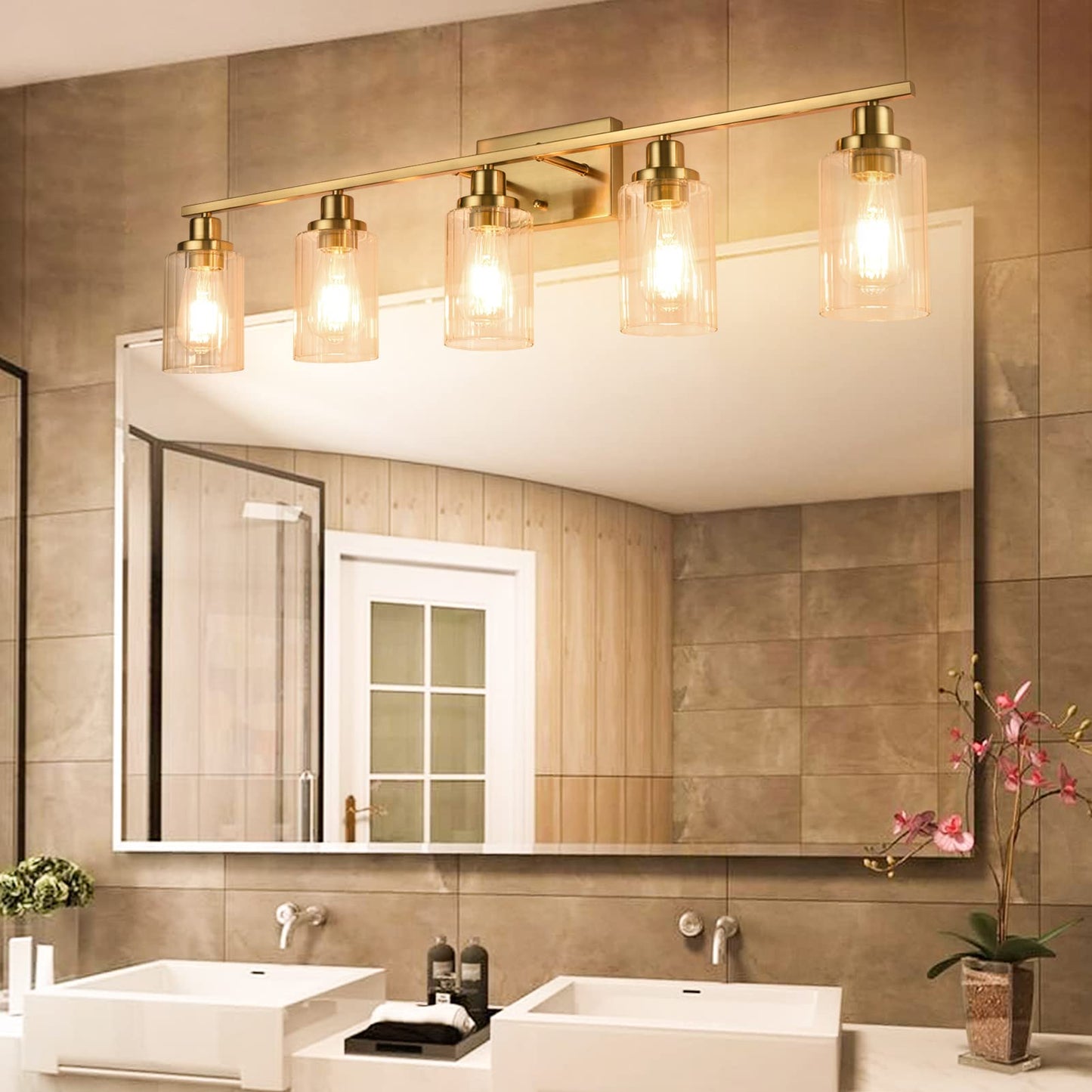 Jonsi Gold Bathroom Vanity Lights, 4 Light Brushed Gold Bathroom Light Fixtures with Fluted Glass Shade, Modern Gold Bathroom lights Over Mirror,Vanity Lighting Fixtures,31.1" W x 10.7" H
