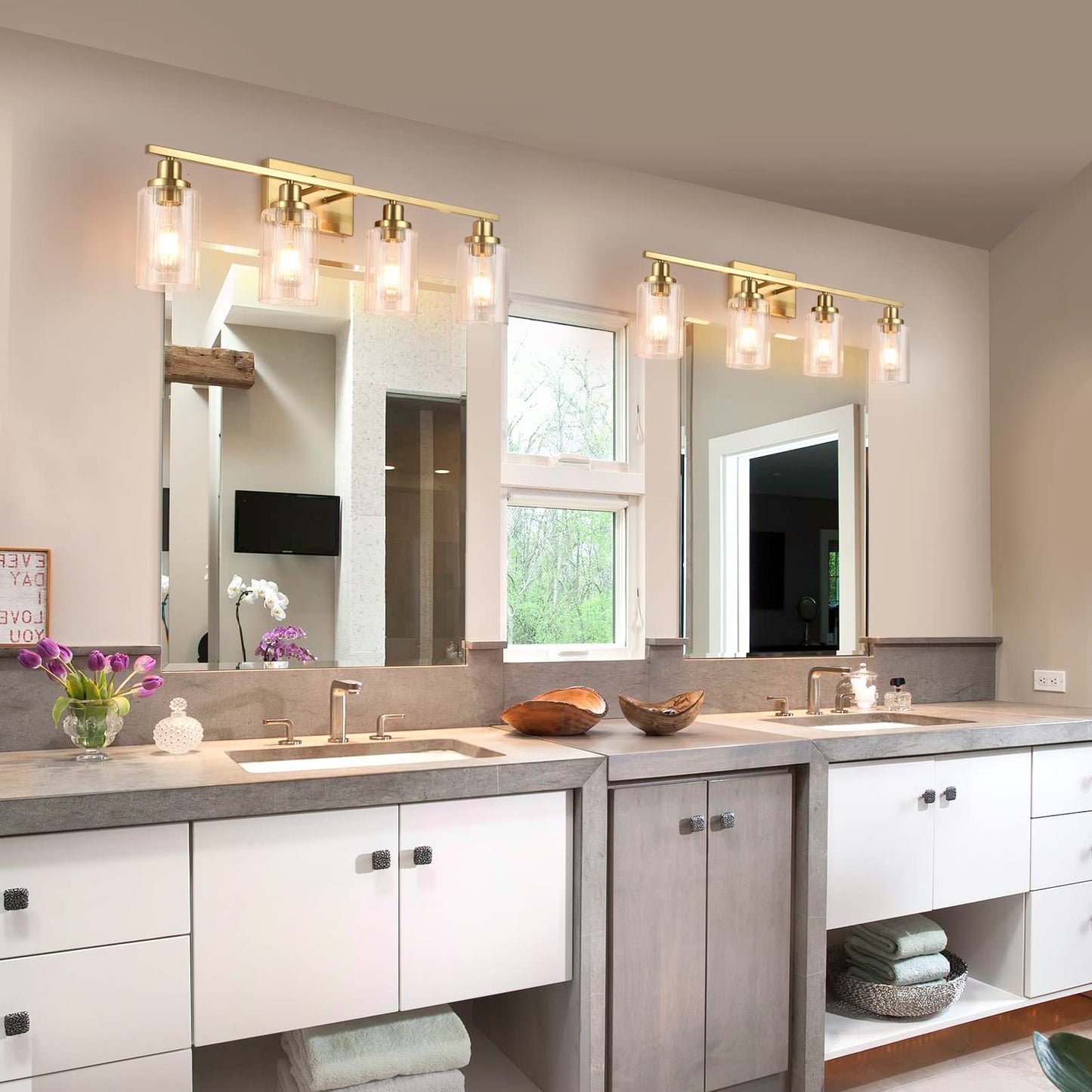 Jonsi Gold Bathroom Vanity Lights, 4 Light Brushed Gold Bathroom Light Fixtures with Fluted Glass Shade, Modern Gold Bathroom lights Over Mirror,Vanity Lighting Fixtures,31.1" W x 10.7" H