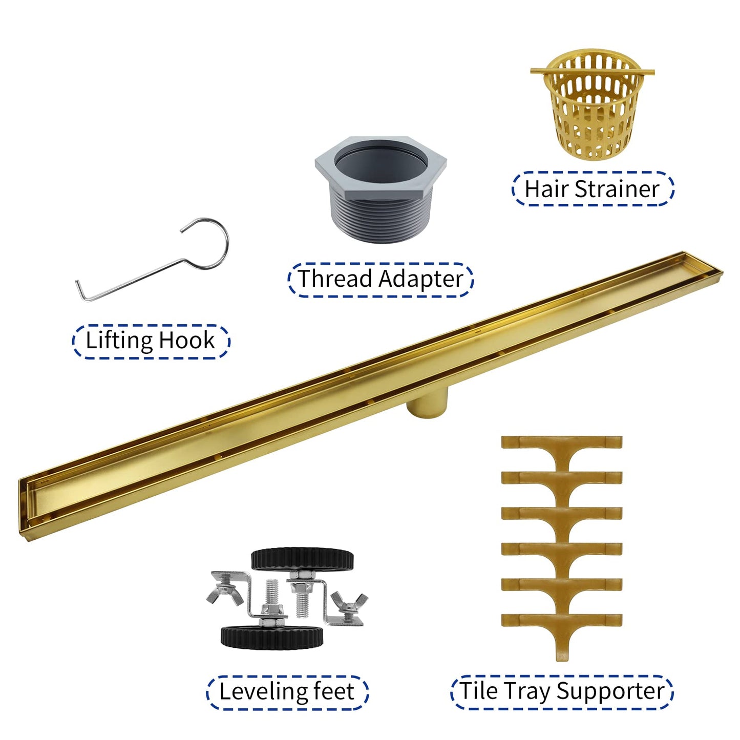 Square Shower Drain 6", Brushed Gold Floor Drain with Tiled Insert Grate & Hair Strainer, 304 Stainless Steel Bathroom 2-in-1 Tiled in Drain, CUPC Certified (Brushed Gold, 6'')