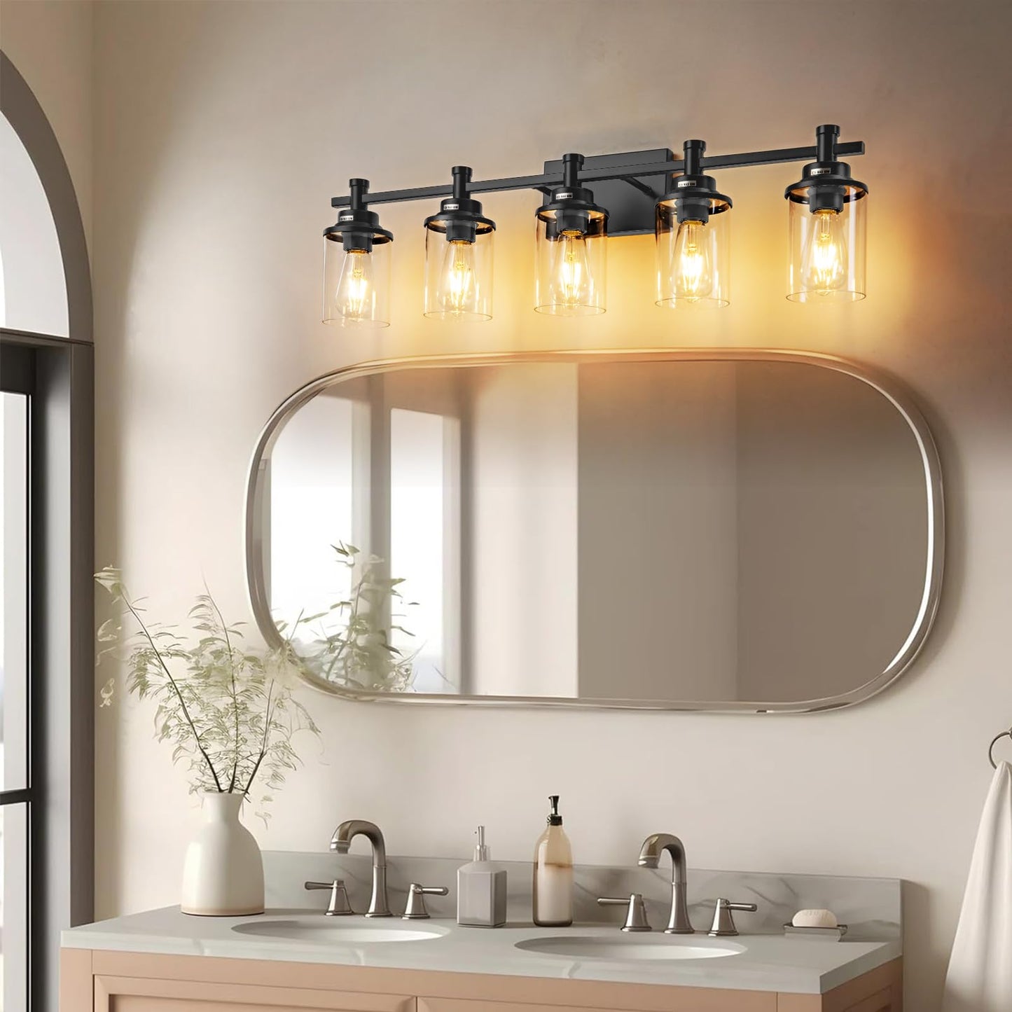 3 Light Bathroom Light Fixtures, Black and Brushed Gold Vanity Light Fixture Over Mirror, Modern Wall Sconces Lighting Wall Lamp for Bathroom, Bedroom, Hallway with Clear Glass Shade