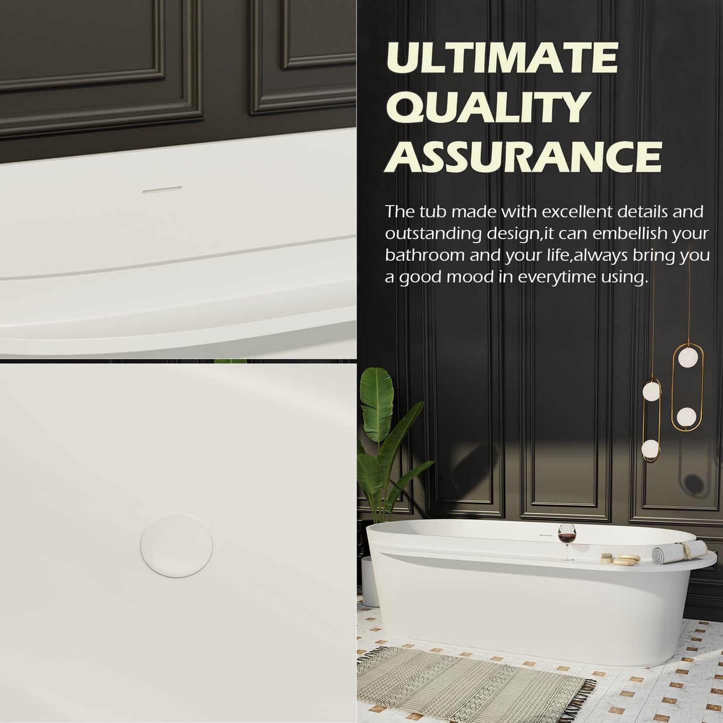 Freestanding Solid Surface Resin Stone Bathtub, Contemporary Design Stand Alone Tub with Pop-up Drain and Overflow, cUPC Certified (PO1041)