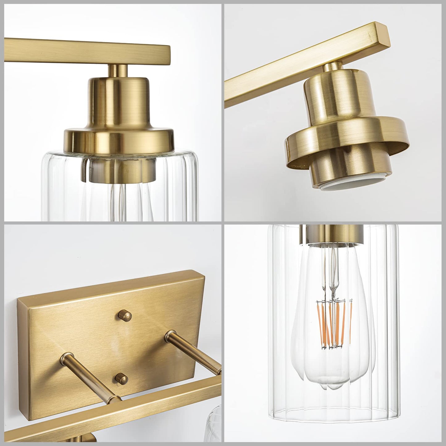 Jonsi Gold Bathroom Vanity Lights, 4 Light Brushed Gold Bathroom Light Fixtures with Fluted Glass Shade, Modern Gold Bathroom lights Over Mirror,Vanity Lighting Fixtures,31.1" W x 10.7" H