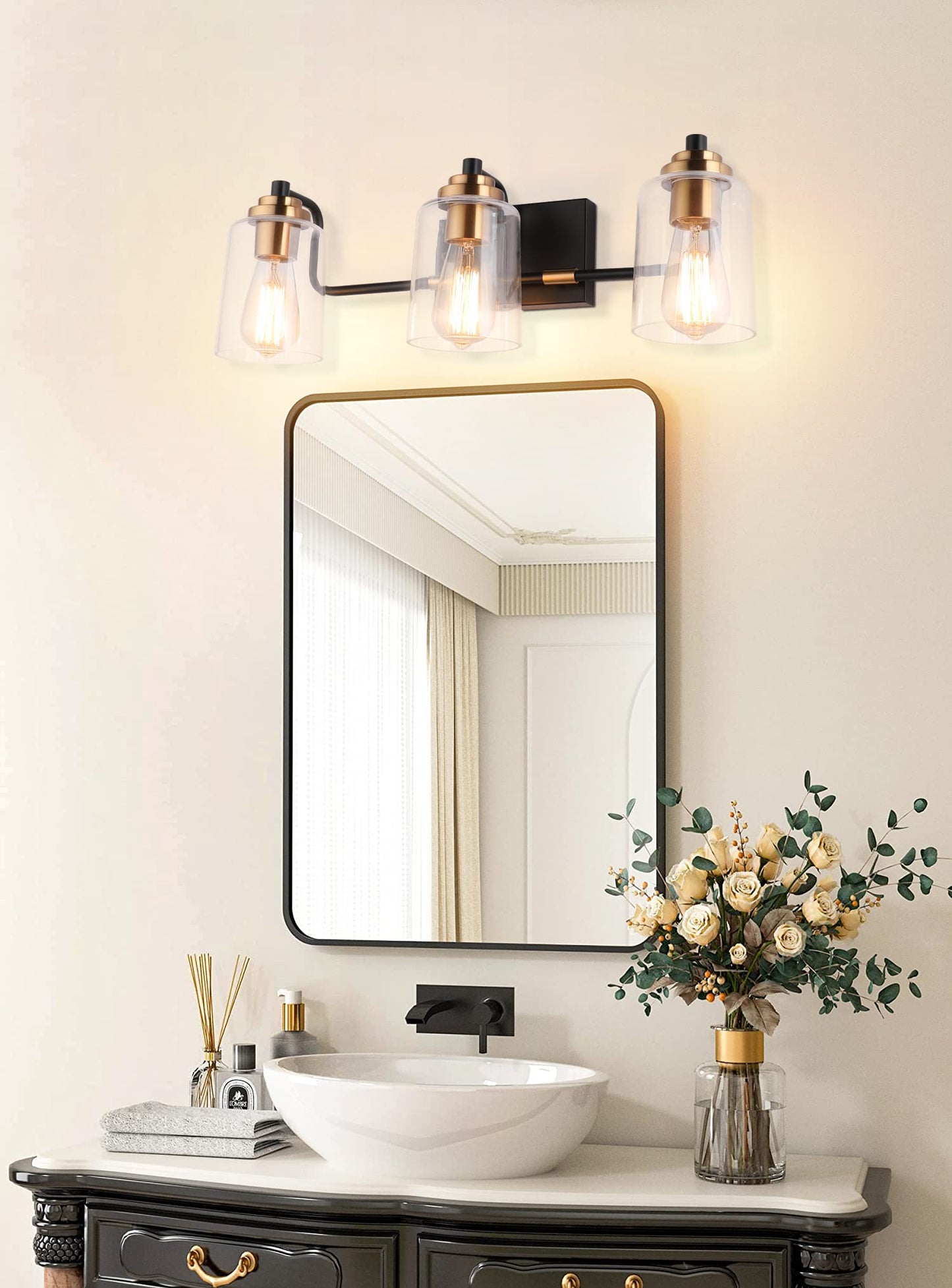 SOLFART Vintage Vanity Lighting Fixtures for Bathroom Black with Bronze Wall Lamp Sconce Black with Bronze 4 lights