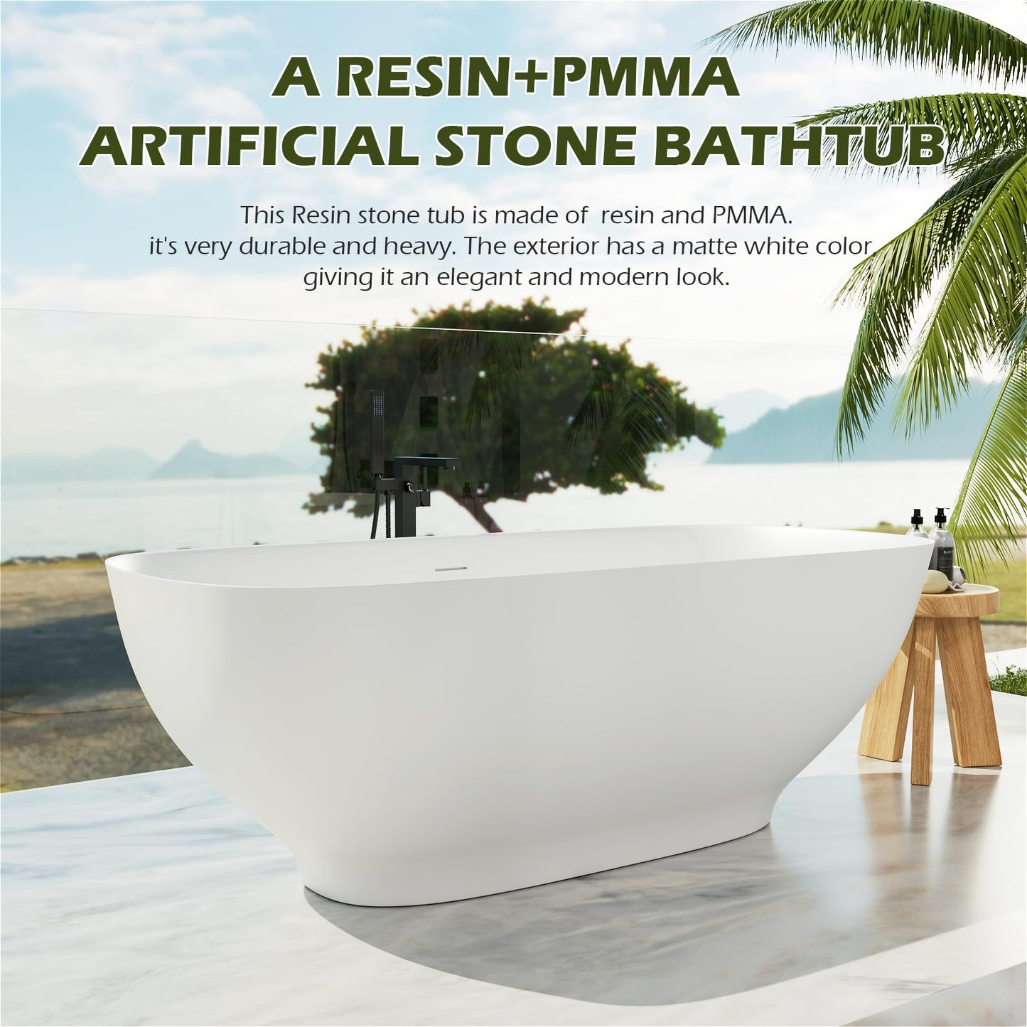 Freestanding Solid Surface Resin Stone Bathtub, Contemporary Design Stand Alone Tub with Pop-up Drain and Overflow, cUPC Certified (PO1041)