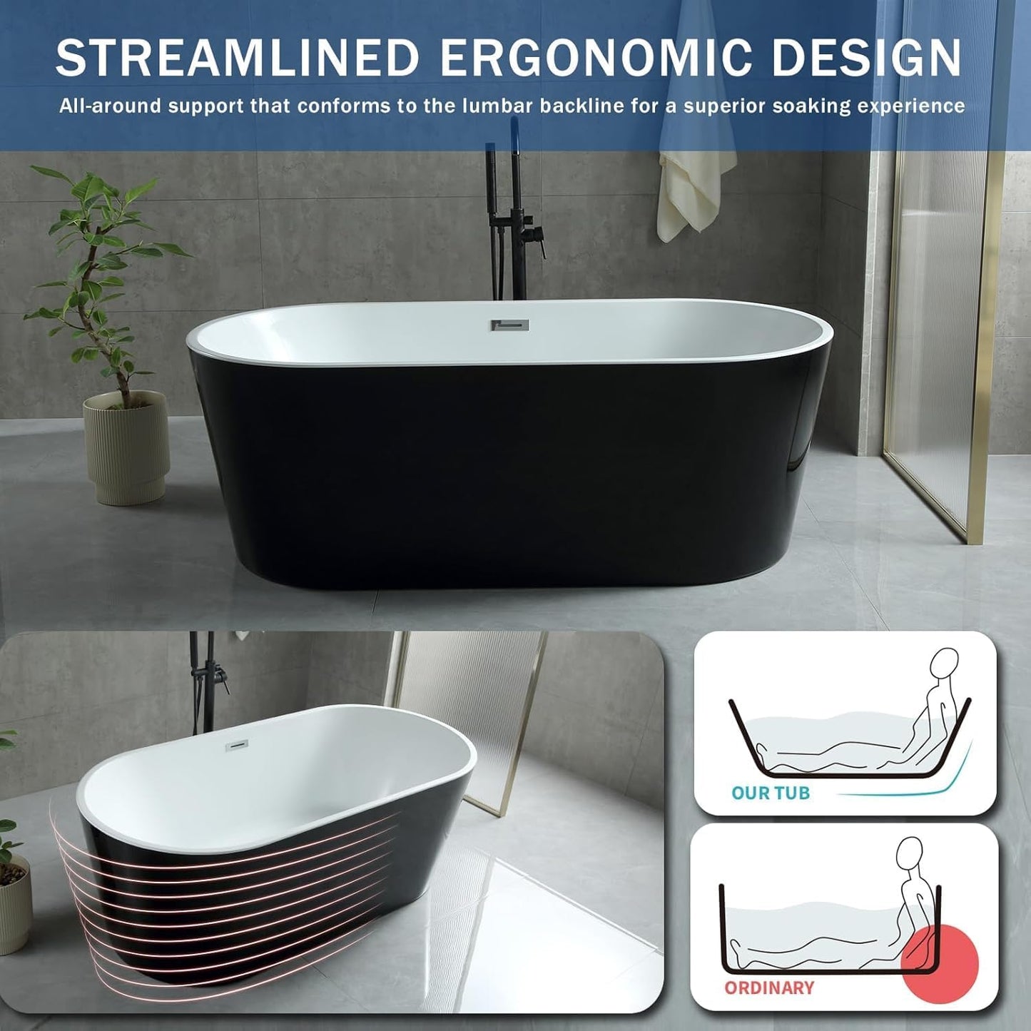 LOVMOR 67" Acrylic Freestanding Soaking Bathtub Soaking Bath Tub with Brushed Nickel Overflow and Pop Up Drain for Bathroom, Double Slipper Tub, Whit