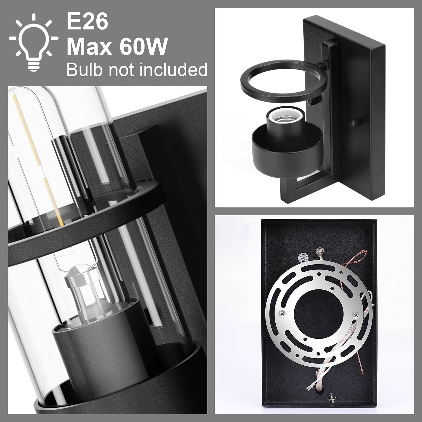 Tipace Black 2-Pack Wall Light Fixtures,Industrial Wall Sconces Clear Glass Wall Mount Sconce,Wall Lamp for Living Room Bedroom Hallway(Bulb not Include)
