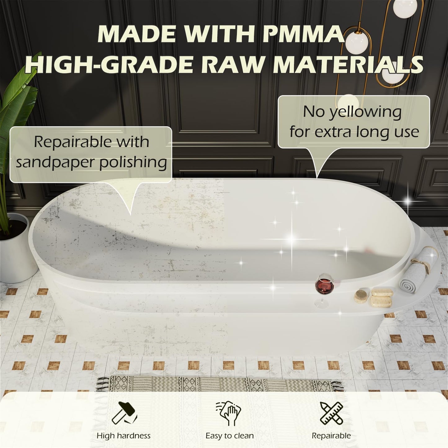 Freestanding Solid Surface Resin Stone Bathtub, Contemporary Design Stand Alone Tub with Pop-up Drain and Overflow, cUPC Certified (PO1041)