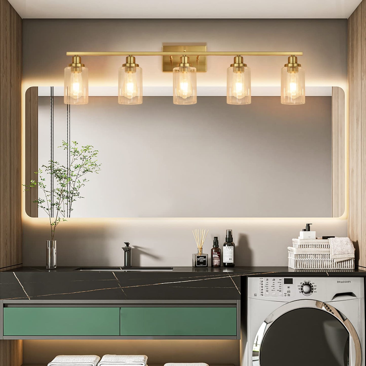 Jonsi Gold Bathroom Vanity Lights, 4 Light Brushed Gold Bathroom Light Fixtures with Fluted Glass Shade, Modern Gold Bathroom lights Over Mirror,Vanity Lighting Fixtures,31.1" W x 10.7" H