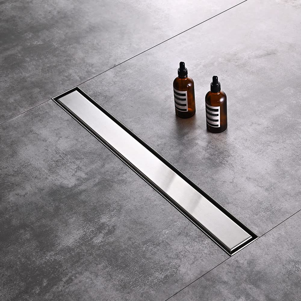 Linear Shower Floor Drain, Black 24 Inch 304 Stainless Steel Bathroom Drains Kit, Rectangular Shower Trench Drain with Reversable Tile-in Pattern Drain Cover & Hair Catcher