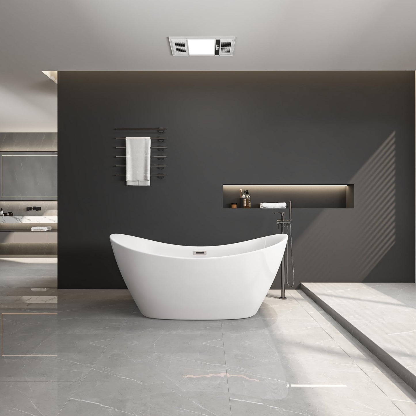 LOVMOR 67" Acrylic Freestanding Soaking Bathtub Soaking Bath Tub with Brushed Nickel Overflow and Pop Up Drain for Bathroom, Double Slipper Tub, Whit