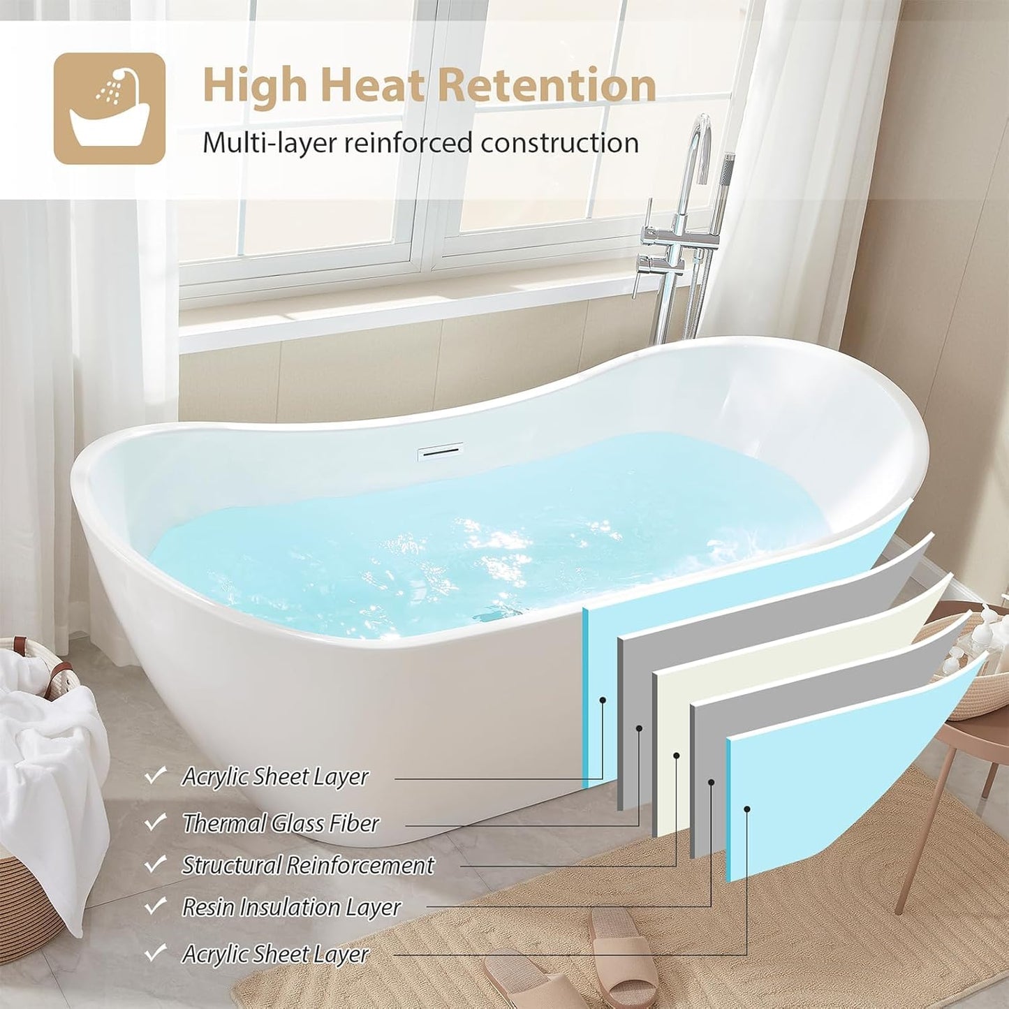 LOVMOR 67" Acrylic Freestanding Soaking Bathtub Soaking Bath Tub with Brushed Nickel Overflow and Pop Up Drain for Bathroom, Double Slipper Tub, Whit