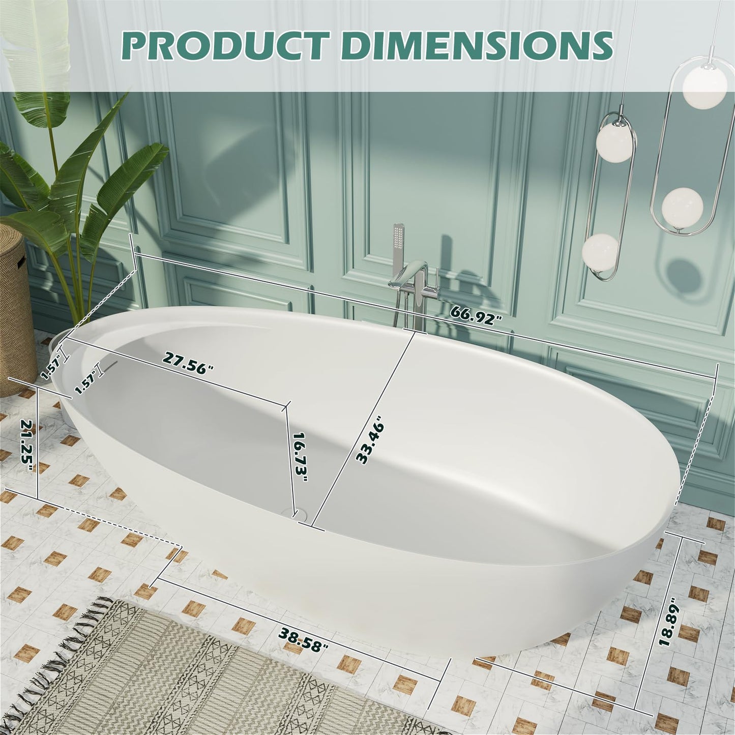 Freestanding Solid Surface Resin Stone Bathtub, Contemporary Design Stand Alone Tub with Pop-up Drain and Overflow, cUPC Certified (PO1041)