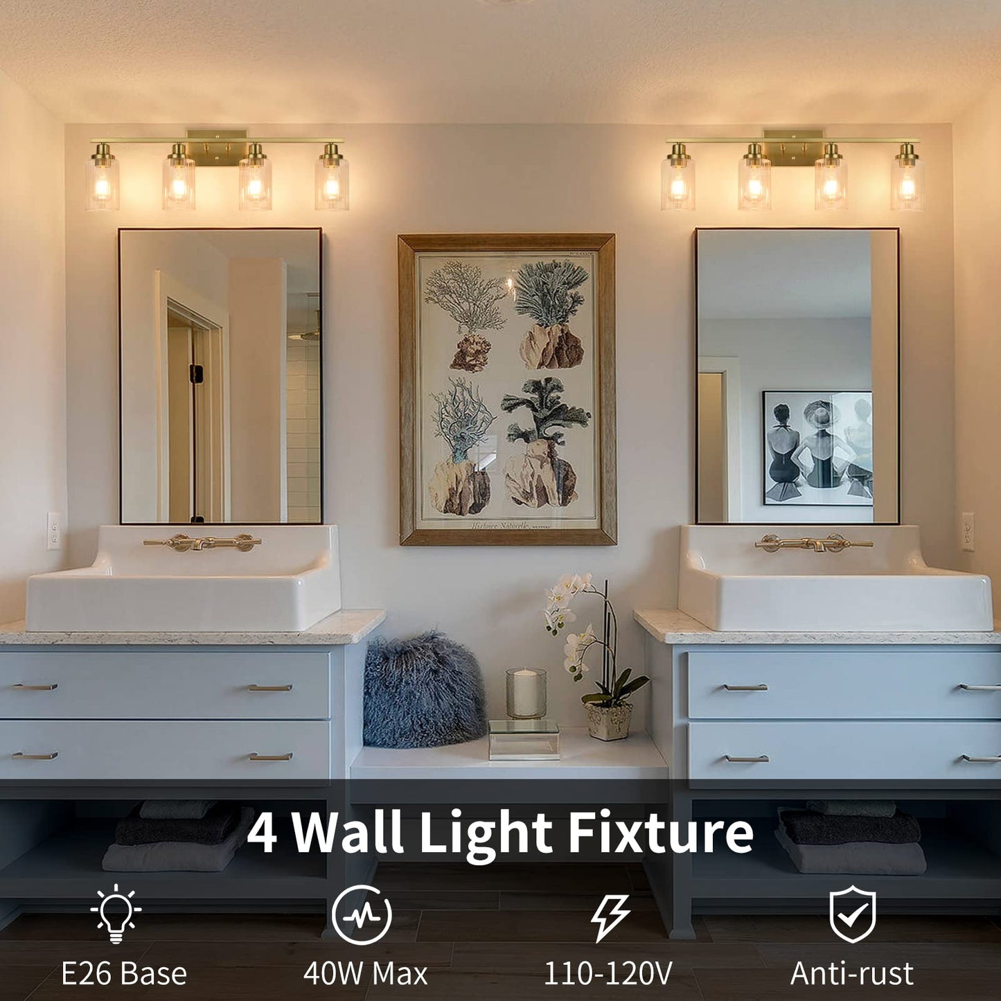 Jonsi Gold Bathroom Vanity Lights, 4 Light Brushed Gold Bathroom Light Fixtures with Fluted Glass Shade, Modern Gold Bathroom lights Over Mirror,Vanity Lighting Fixtures,31.1" W x 10.7" H