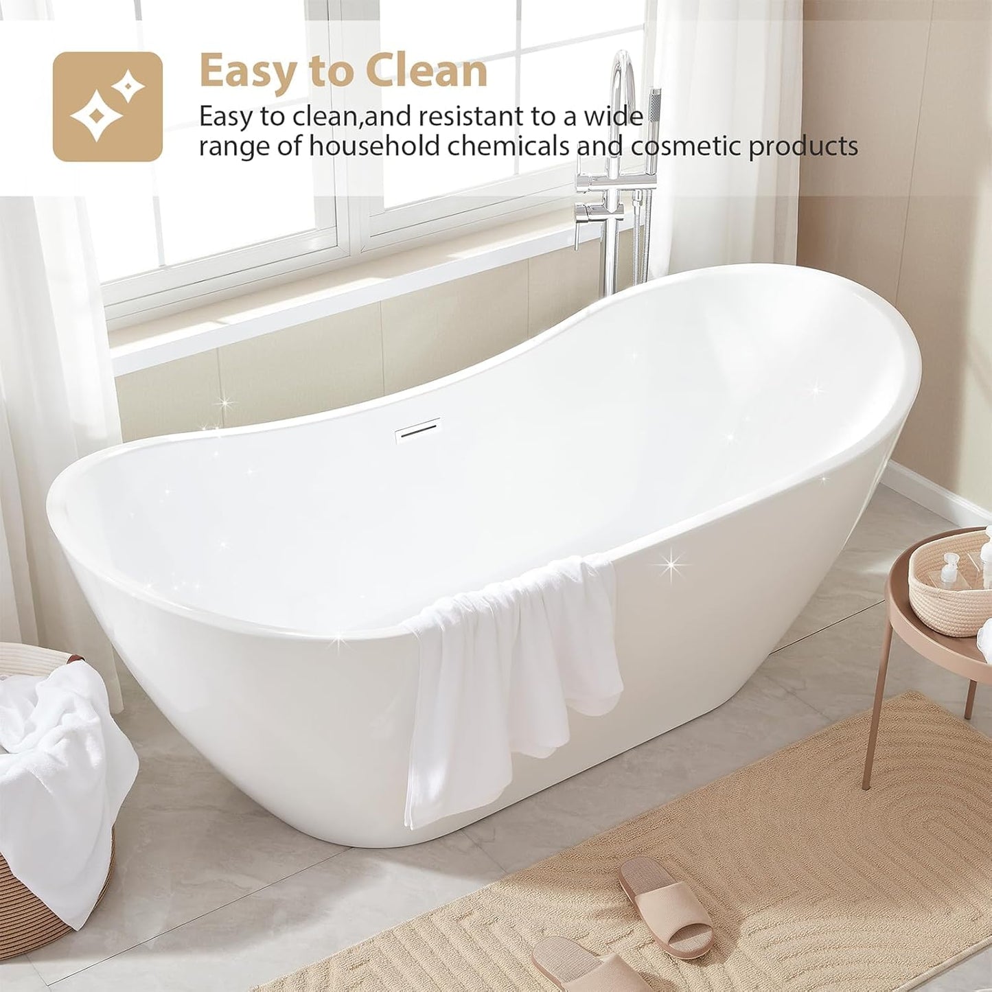 LOVMOR 67" Acrylic Freestanding Soaking Bathtub Soaking Bath Tub with Brushed Nickel Overflow and Pop Up Drain for Bathroom, Double Slipper Tub, Whit