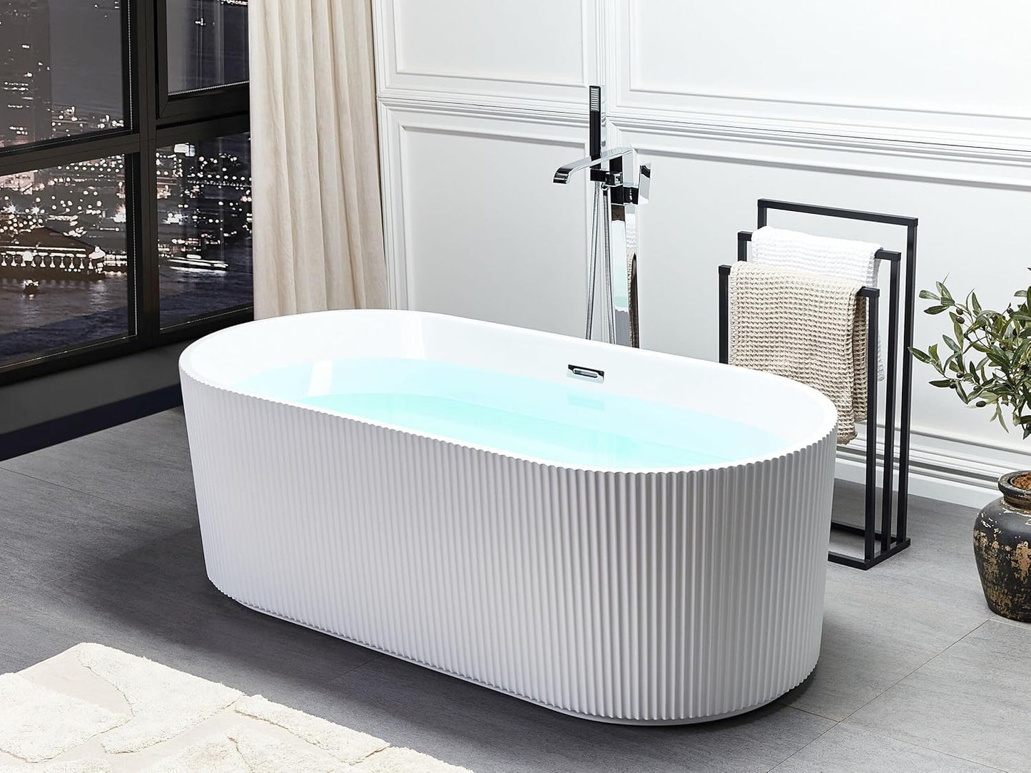 LOVMOR 67" Acrylic Freestanding Soaking Bathtub Soaking Bath Tub with Brushed Nickel Overflow and Pop Up Drain for Bathroom, Double Slipper Tub, Whit