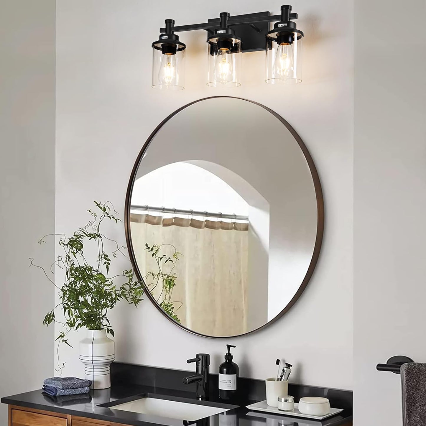 3 Light Bathroom Light Fixtures, Black and Brushed Gold Vanity Light Fixture Over Mirror, Modern Wall Sconces Lighting Wall Lamp for Bathroom, Bedroom, Hallway with Clear Glass Shade