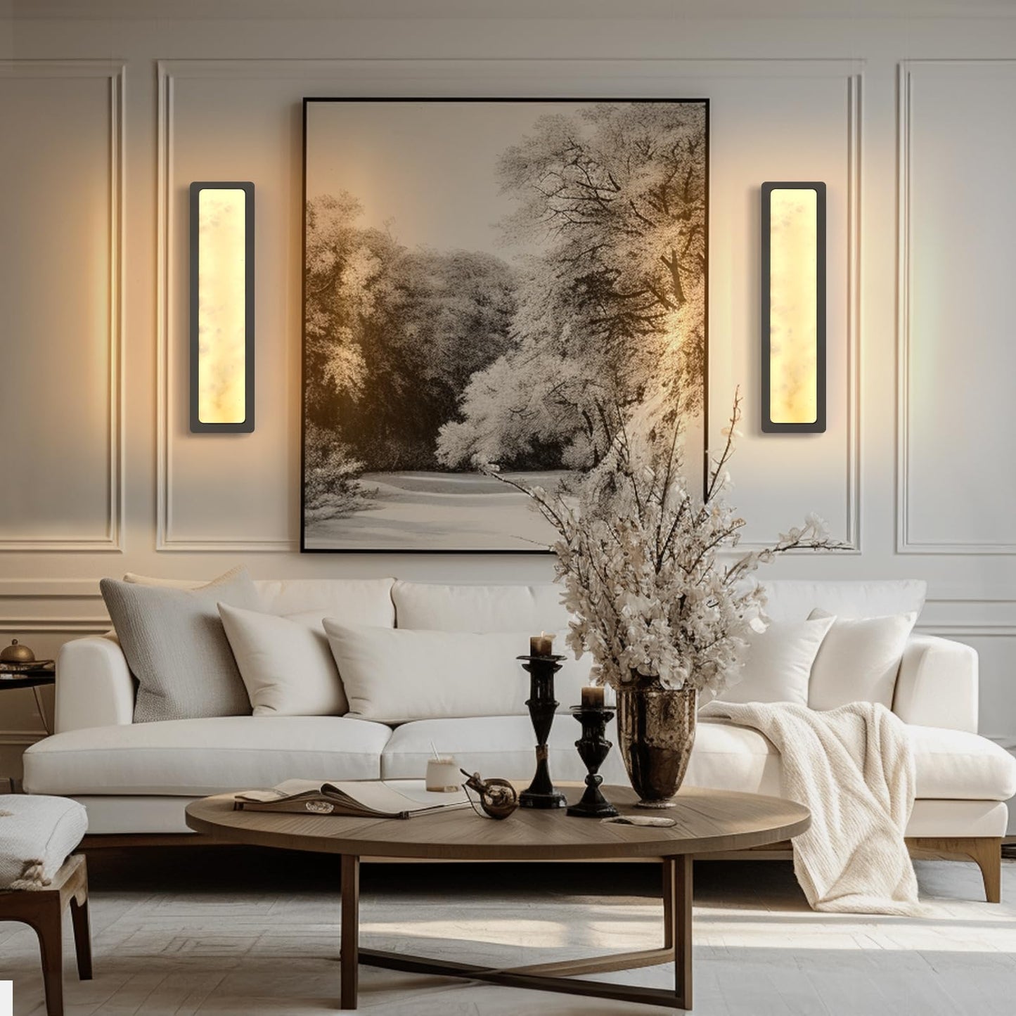 Modern Alabaster Wall Sconces Set of Two, 20" Gold Bathroom Sconces Wall Lighting Brass Sconce Vanity Light Indoor Natural Marble Wall Lights for Living Room, Dining Room, Bedroom, Stairs, Foyer