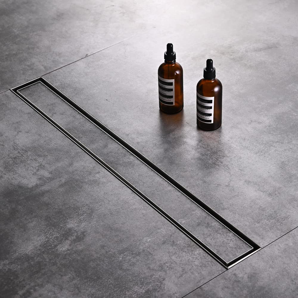 Linear Shower Floor Drain, Black 24 Inch 304 Stainless Steel Bathroom Drains Kit, Rectangular Shower Trench Drain with Reversable Tile-in Pattern Drain Cover & Hair Catcher