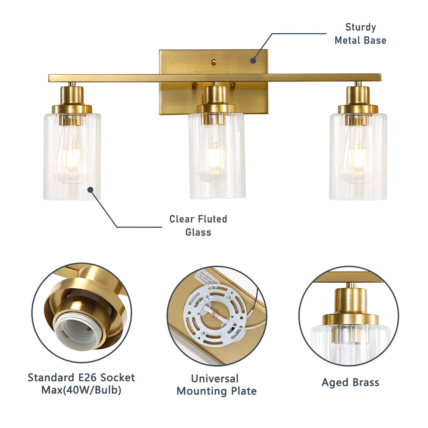 Jonsi Gold Bathroom Vanity Lights, 4 Light Brushed Gold Bathroom Light Fixtures with Fluted Glass Shade, Modern Gold Bathroom lights Over Mirror,Vanity Lighting Fixtures,31.1" W x 10.7" H