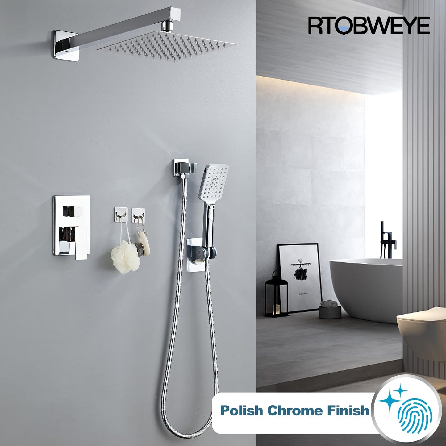 8 Inch Shower Faucet Set, Rainfall Shower System with High Pressure Handheld Shower Head, Bathroom Mixer Shower Set Wall Mounted Rough-in Valve and Trim Kit, with Tub Spout