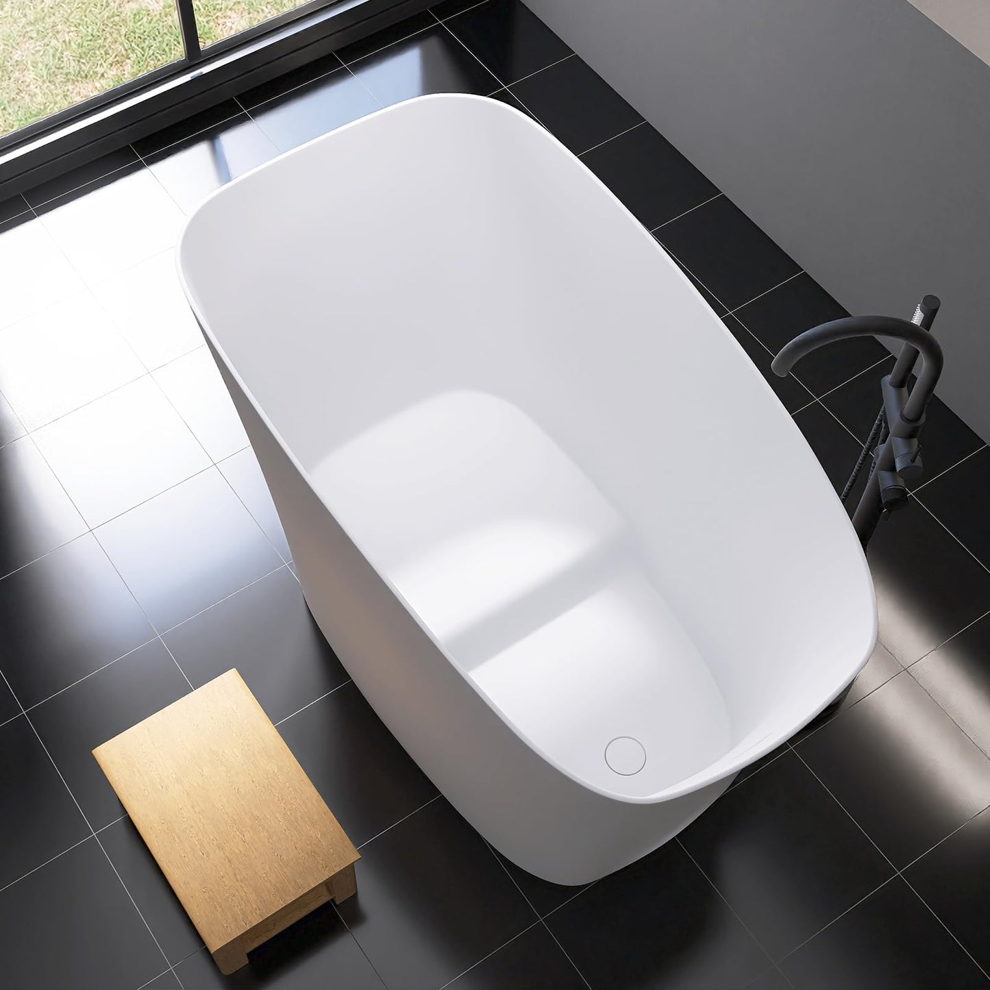 51'' Japanese Soaking Tub Freestanding Bathtub Resin Stone Bathtubs Deep soaking Tub with Overflow and Pop-up Drain - White