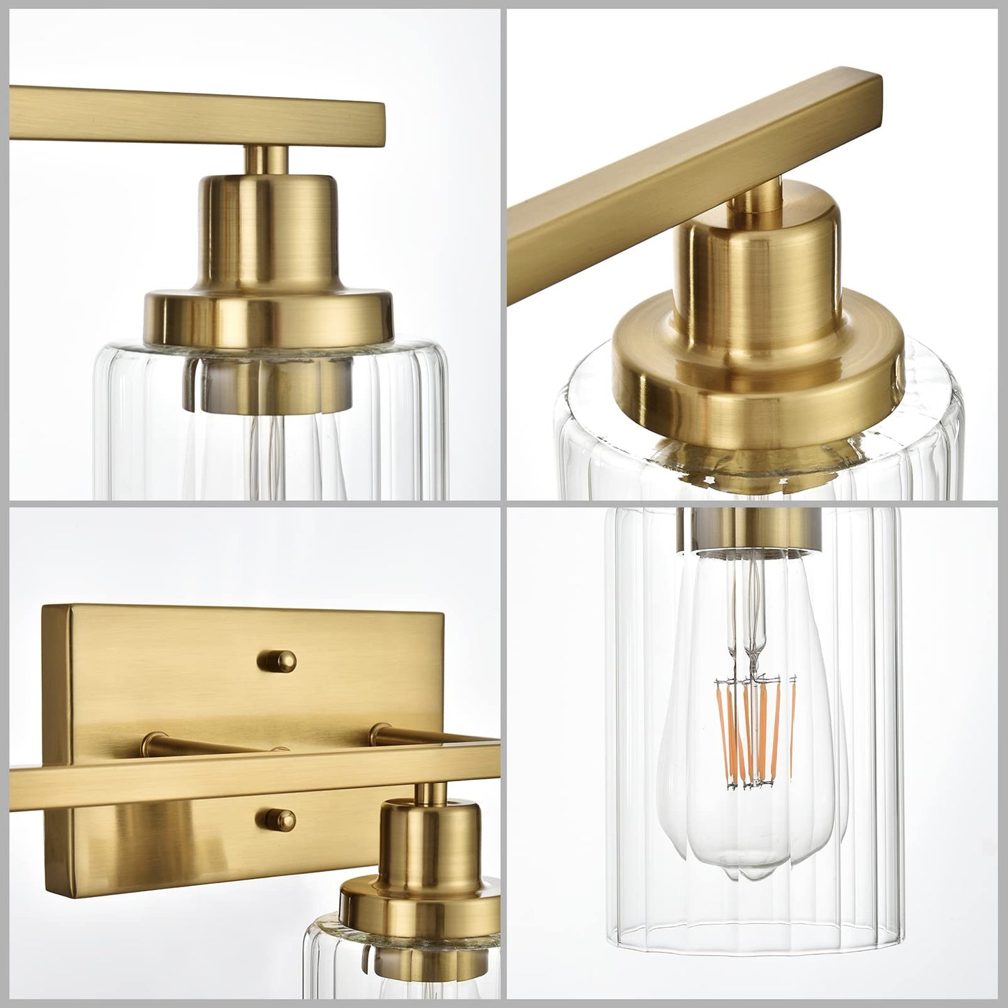 Jonsi Gold Bathroom Vanity Lights, 4 Light Brushed Gold Bathroom Light Fixtures with Fluted Glass Shade, Modern Gold Bathroom lights Over Mirror,Vanity Lighting Fixtures,31.1" W x 10.7" H