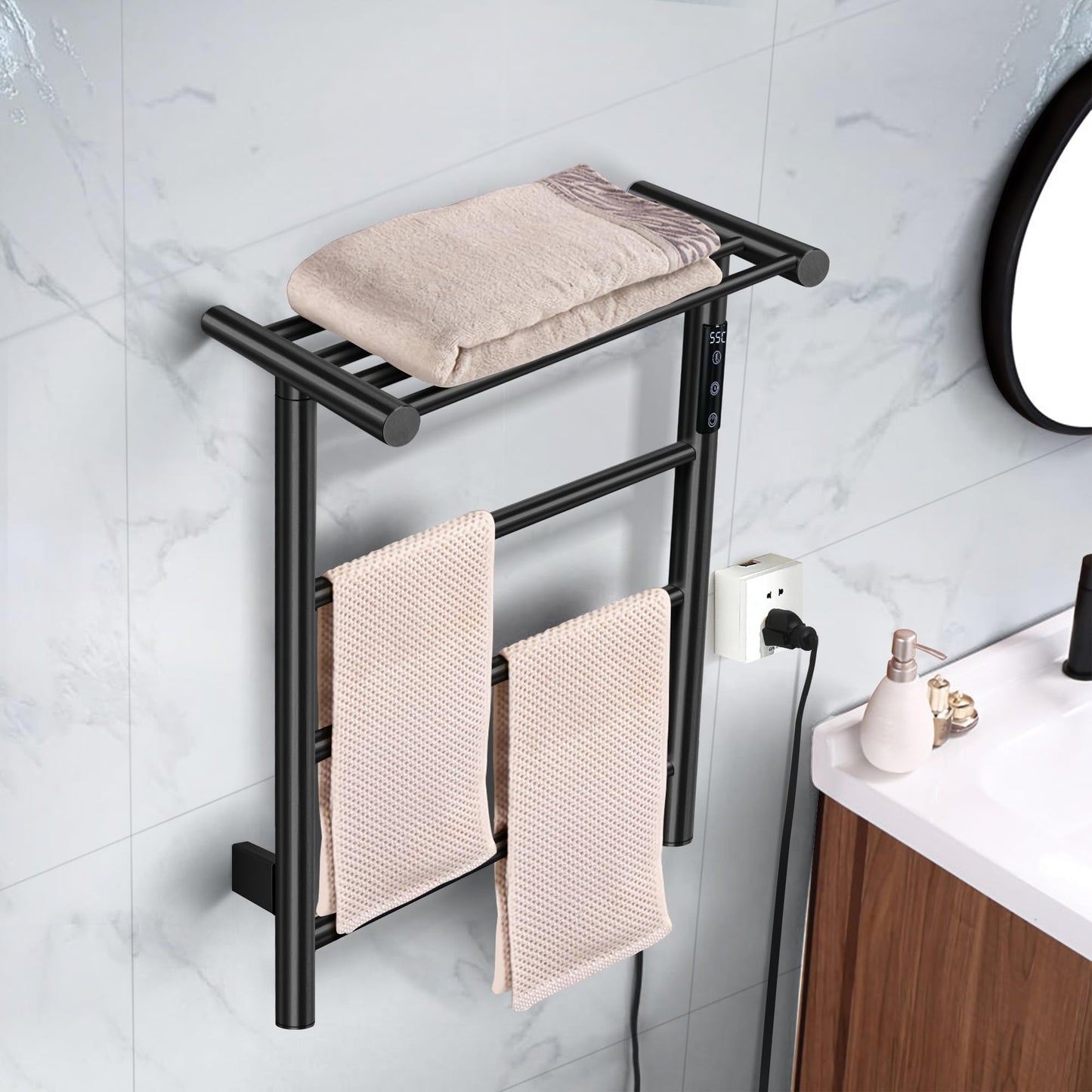 Towel Warmer Wall Mounted with 3 Electric Stainless Steel Heated Bars, Hot Towel Rack for Bathroom, Plug-in BathTowel Heater with Built-in Timer, Brushed Gold