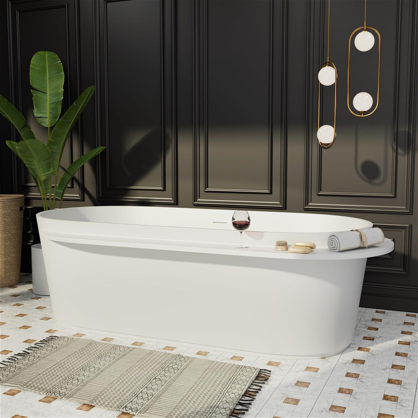 Freestanding Solid Surface Resin Stone Bathtub, Contemporary Design Stand Alone Tub with Pop-up Drain and Overflow, cUPC Certified (PO1041)